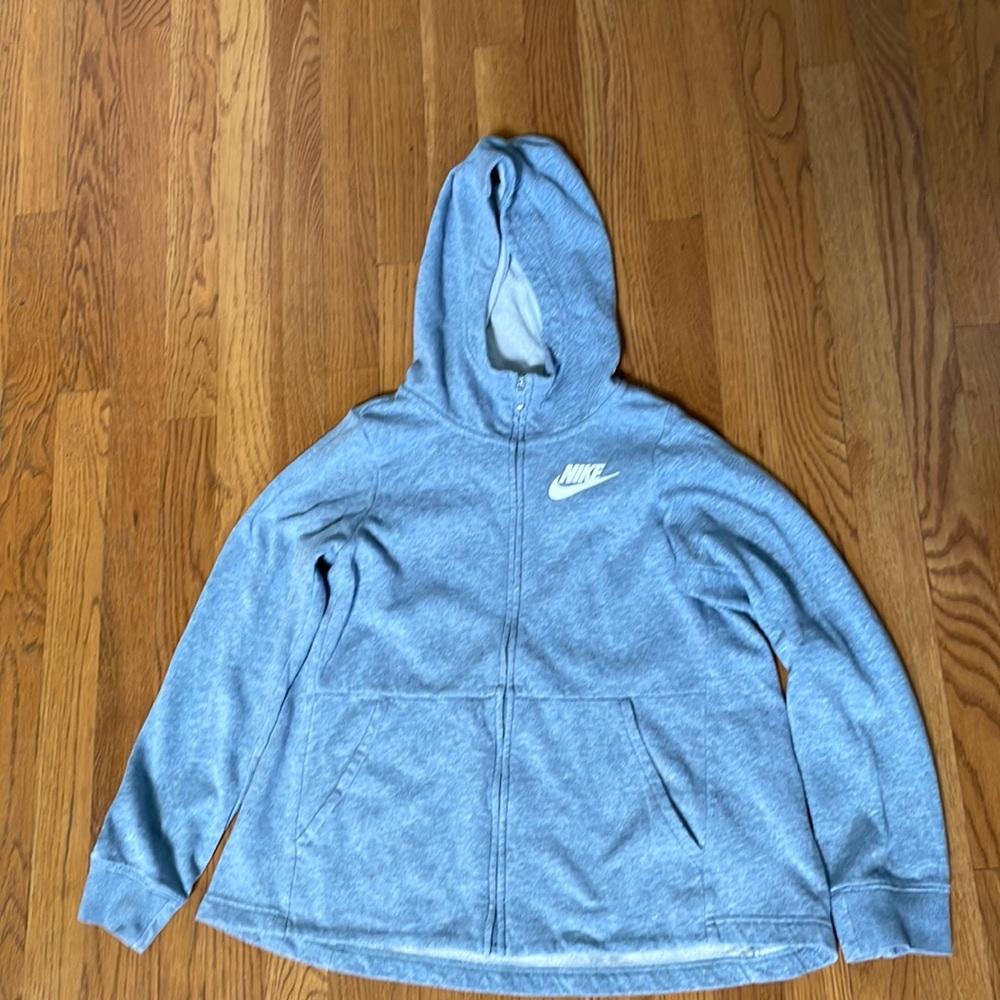 Girls L Nike zippered hoodie. Light heathered blue w/white logo. EUC